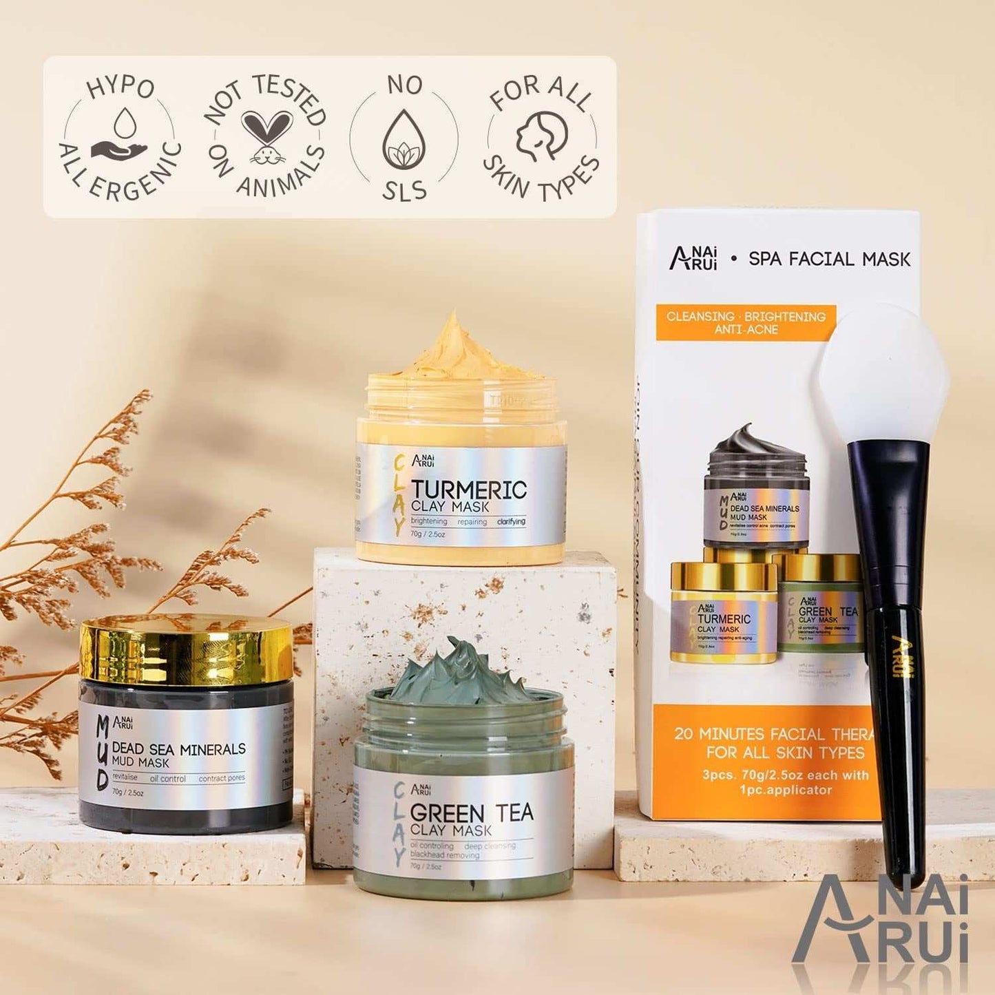 Deep Cleansing Dead Sea mineral mud mask set with turmeric and green tea clay masks for deep pore cleansing, skin brightening, and oil control.