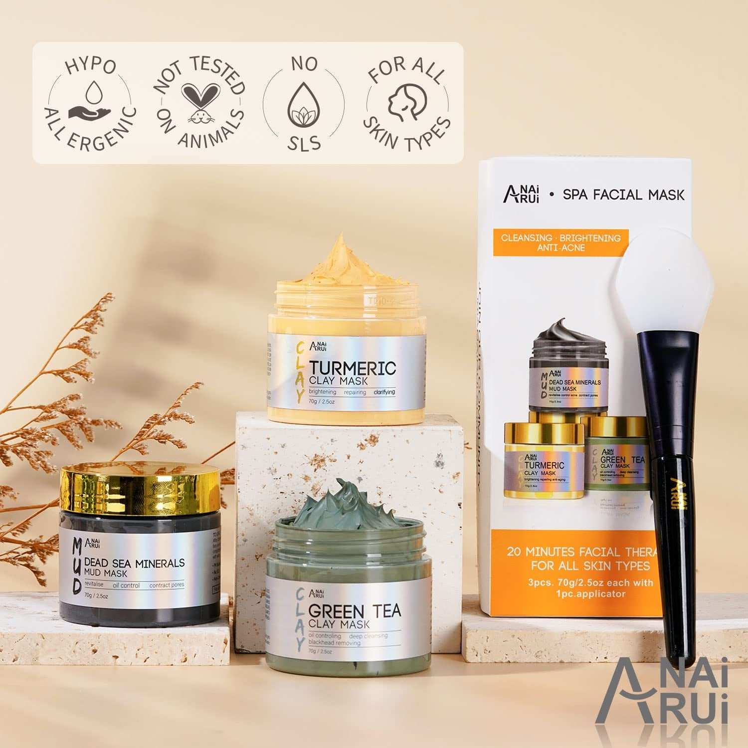 Deep Cleansing Dead Sea mineral mud mask set with turmeric and green tea clay masks for deep pore cleansing, skin brightening, and oil control.