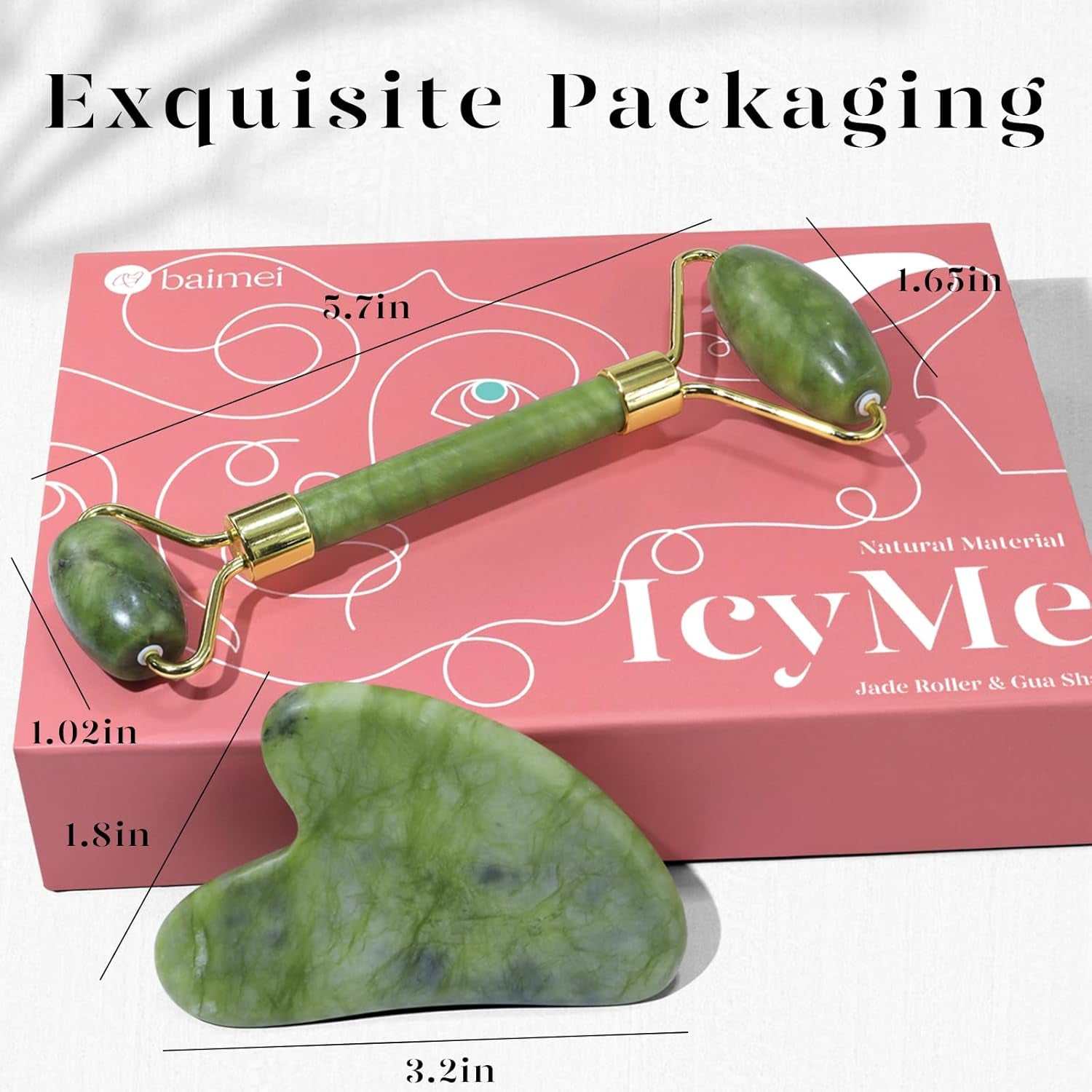 Green jade roller and gua sha set in exquisite packaging for facial massage; reduces puffiness and redness.