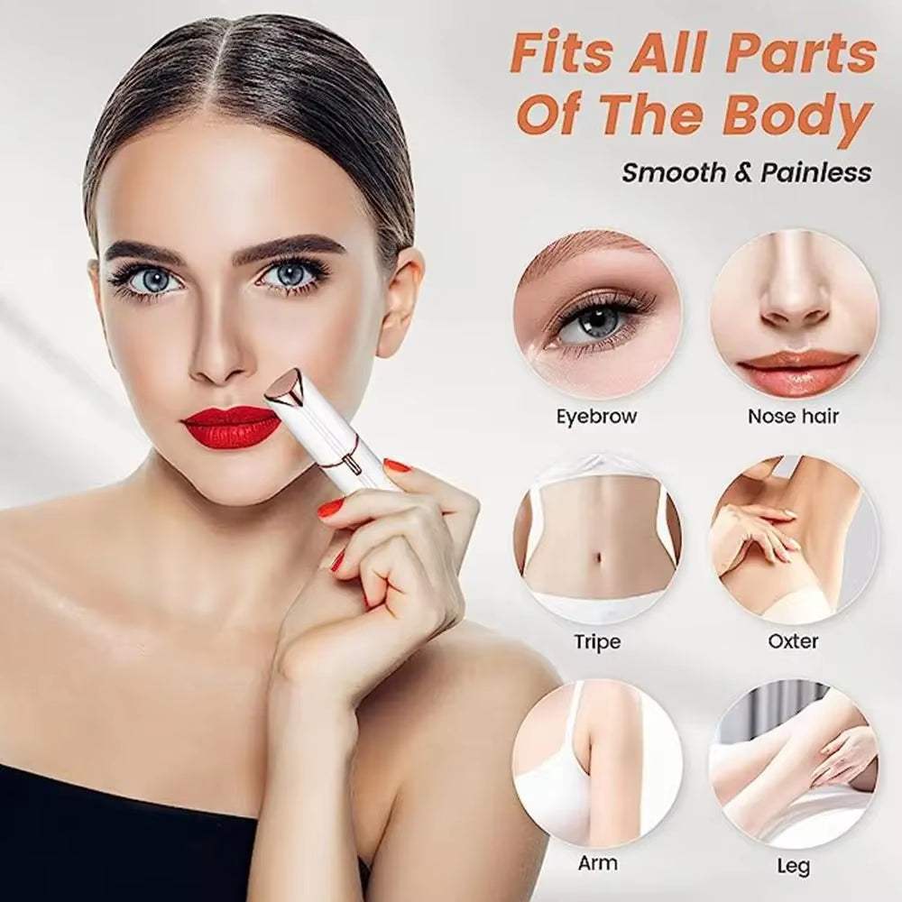Portable electric hair removal trimmer for painless and smooth facial hair removal, suitable for sensitive areas like eyebrows and upper lip, with a lipstick-style design.