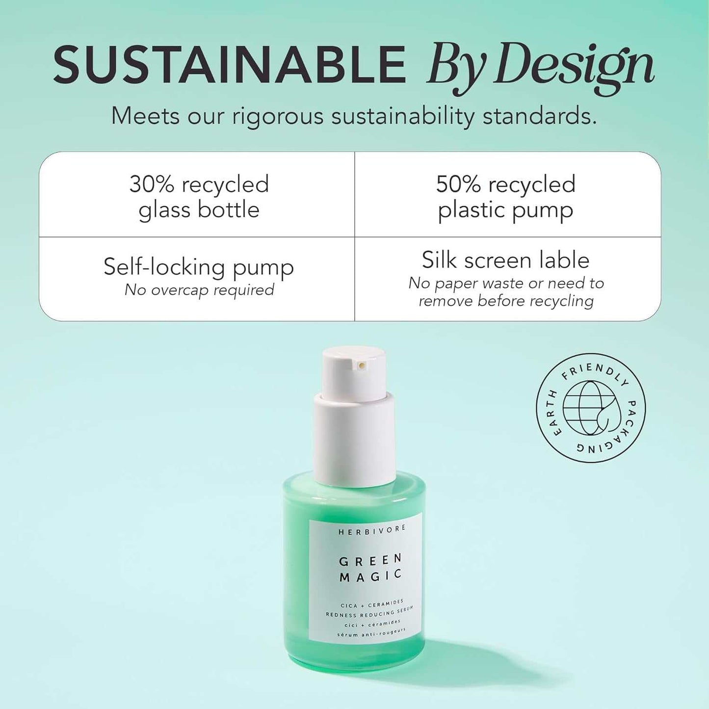 Green Magic Fast-Acting Serum with eco-friendly packaging, shown in a light green bottle with sustainable features highlighted.