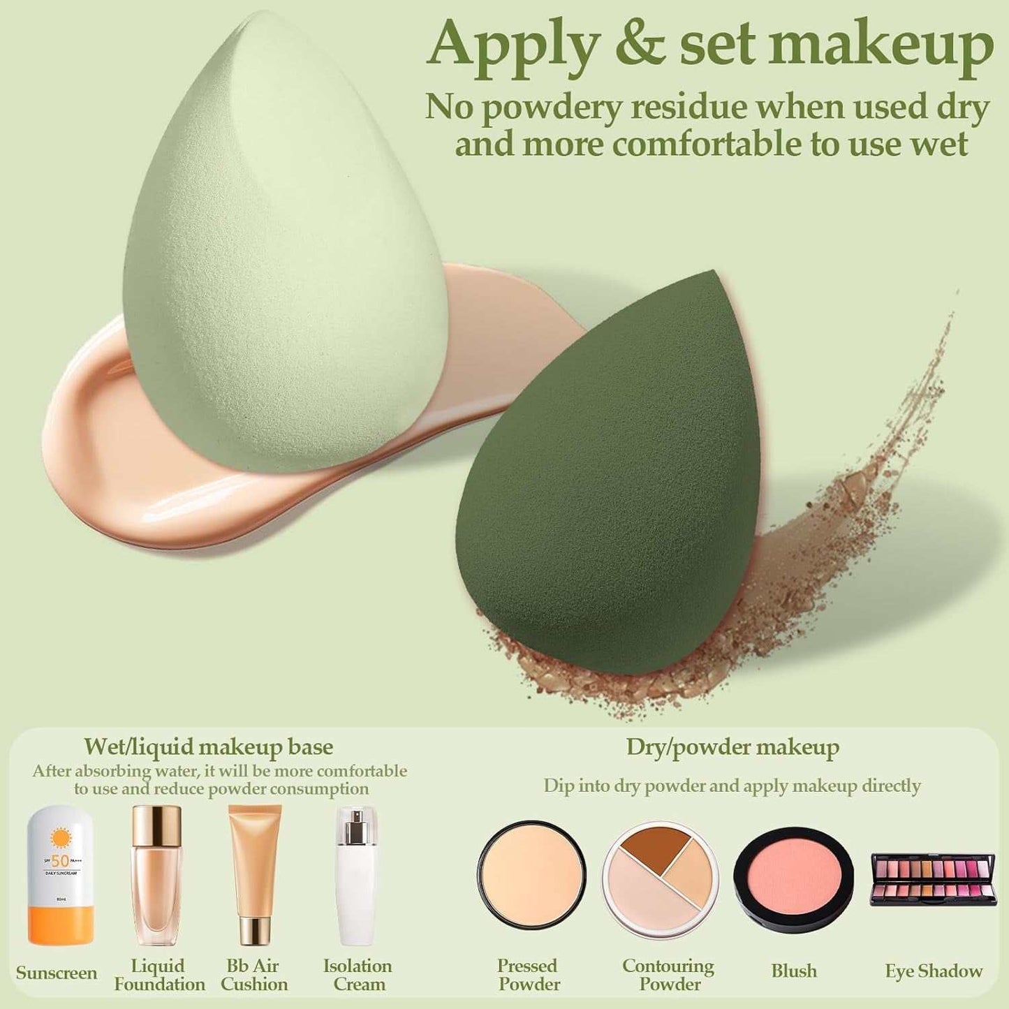 Makeup sponge set with soft, non-latex foam sponges for flawless application of liquid foundation and powder, featuring versatile shapes for blending and setting makeup.