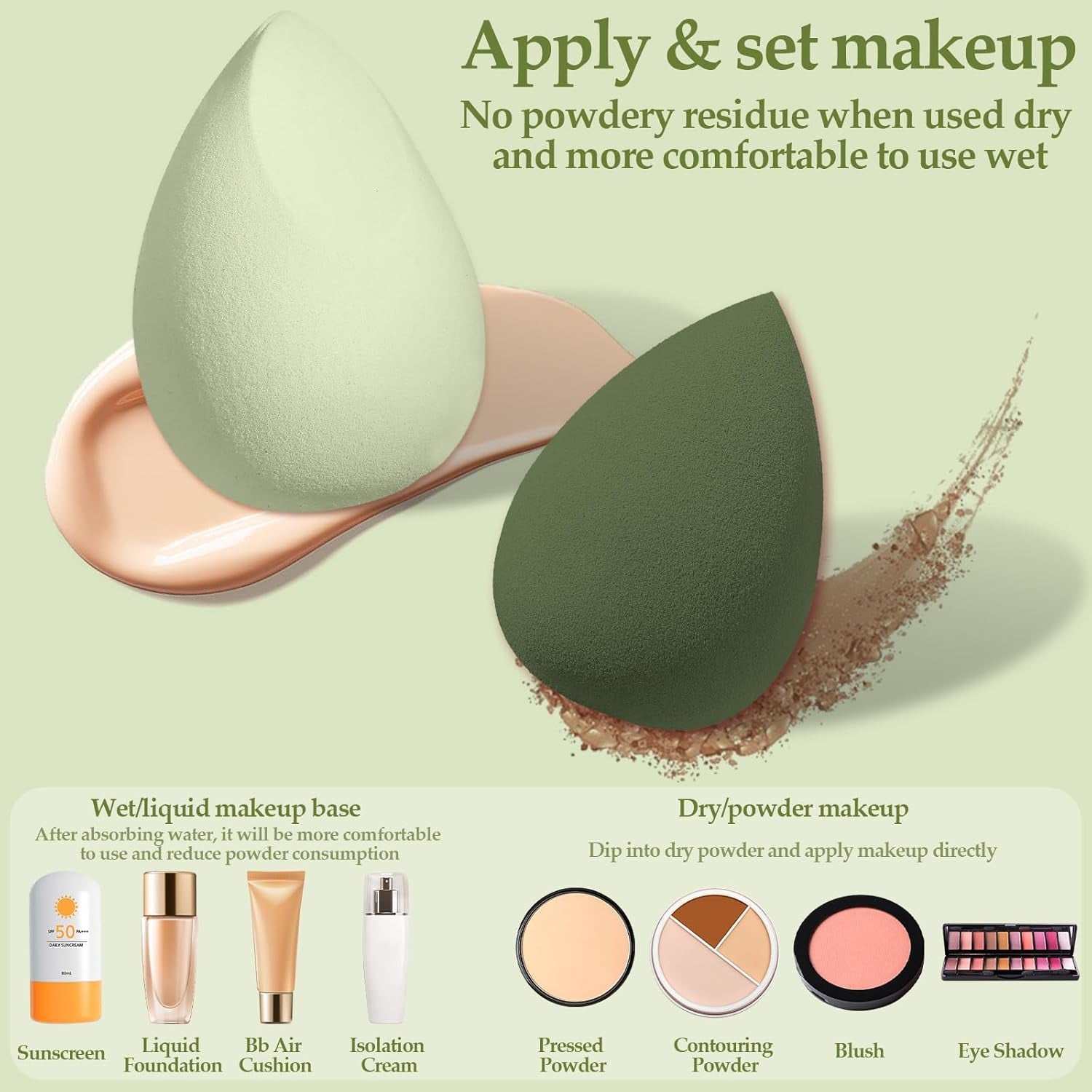Makeup sponge set with soft, non-latex foam sponges for flawless application of liquid foundation and powder, featuring versatile shapes for blending and setting makeup.