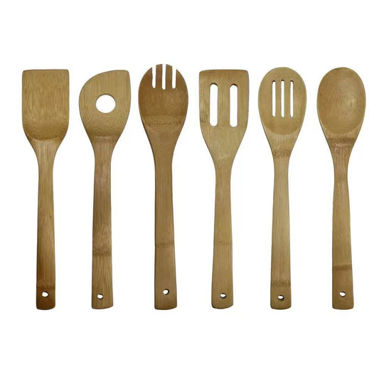 Eco-friendly natural bamboo spoon kitchen tool set with six utensils, durable and heat-resistant, ideal for non-stick cookware.