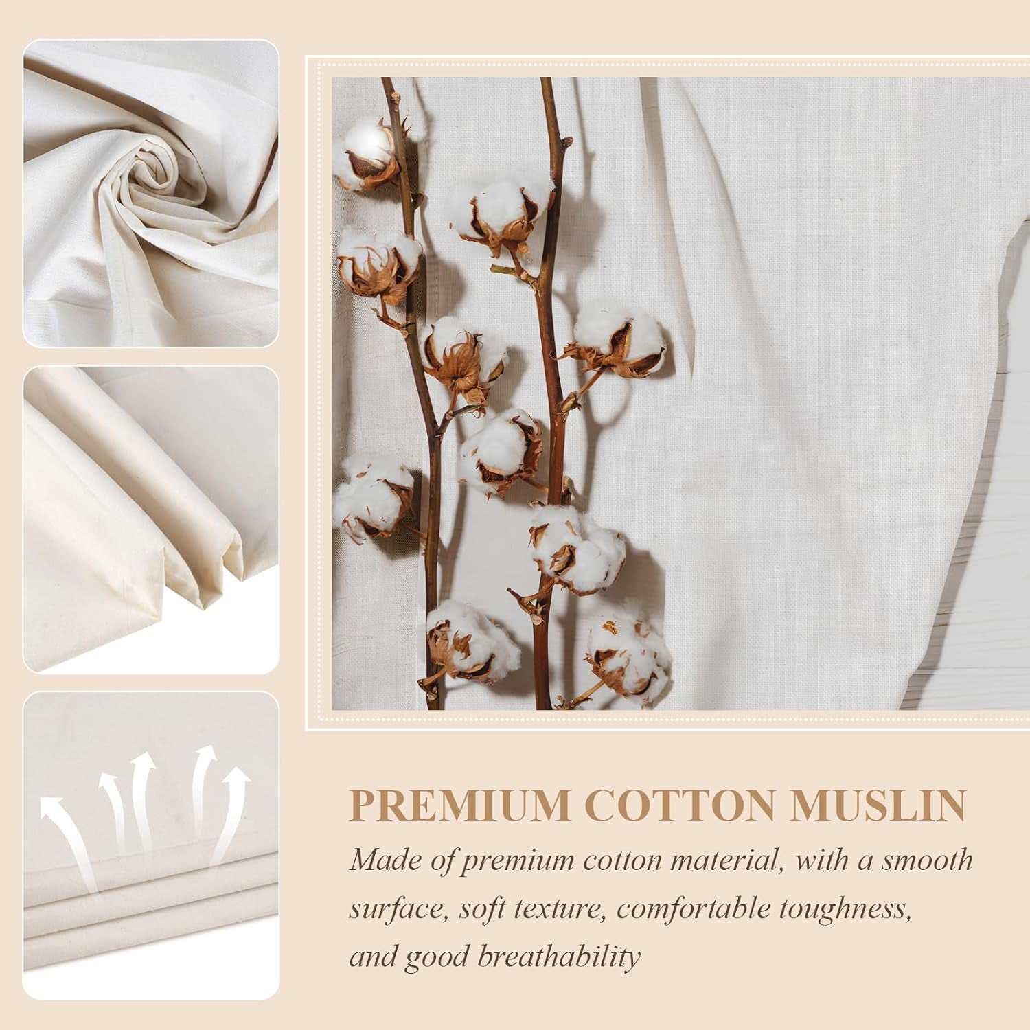 Premium cotton muslin fabric with natural off-white color, ideal for sewing and embroidery projects.