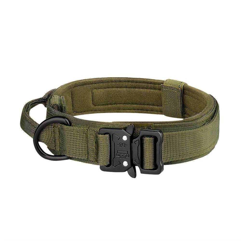 Military-style durable adjustable dog tactical harness collar with quick-release buckle and MOLLE webbing in olive green