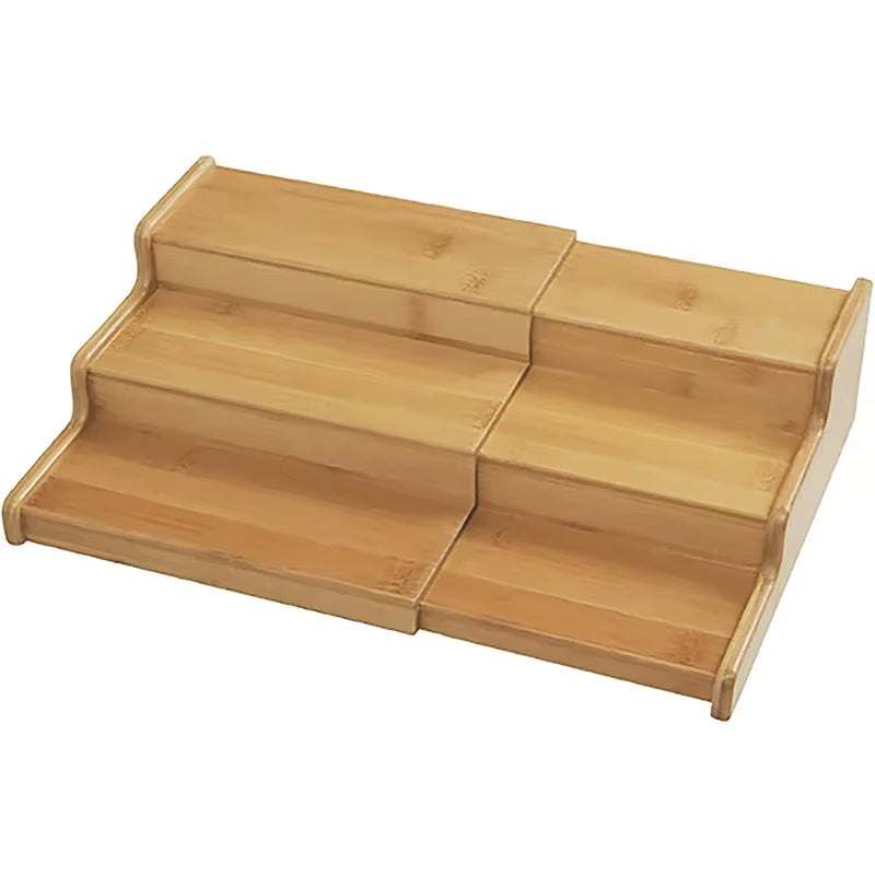 Bamboo 3-tier organizer shelf for kitchen spices and small essentials with natural finish and space-saving design