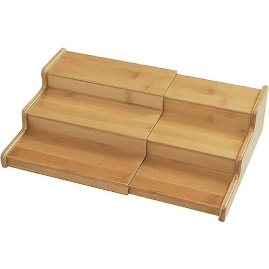 Bamboo 3-tier organizer shelf for kitchen spices and small essentials with natural finish and space-saving design
