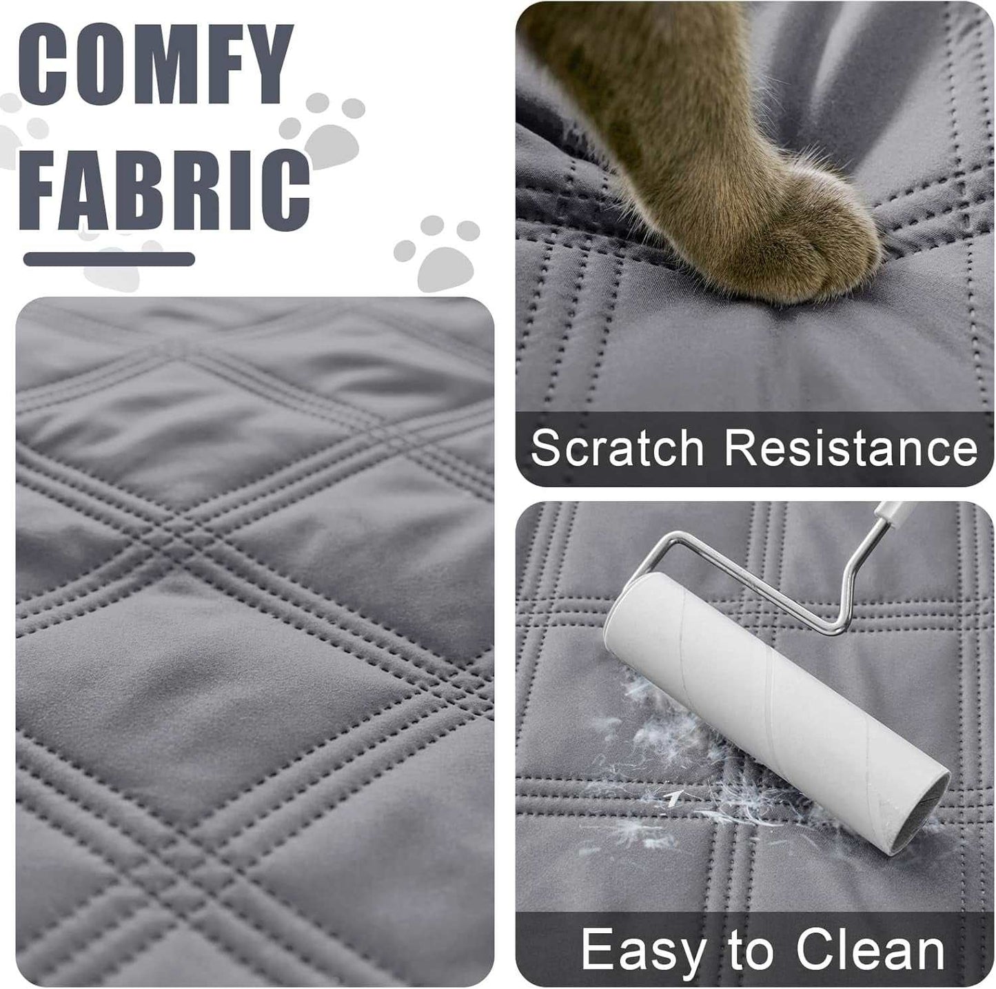 Waterproof dog sofa blanket showing comfy fabric, scratch resistance, and easy-to-clean features.