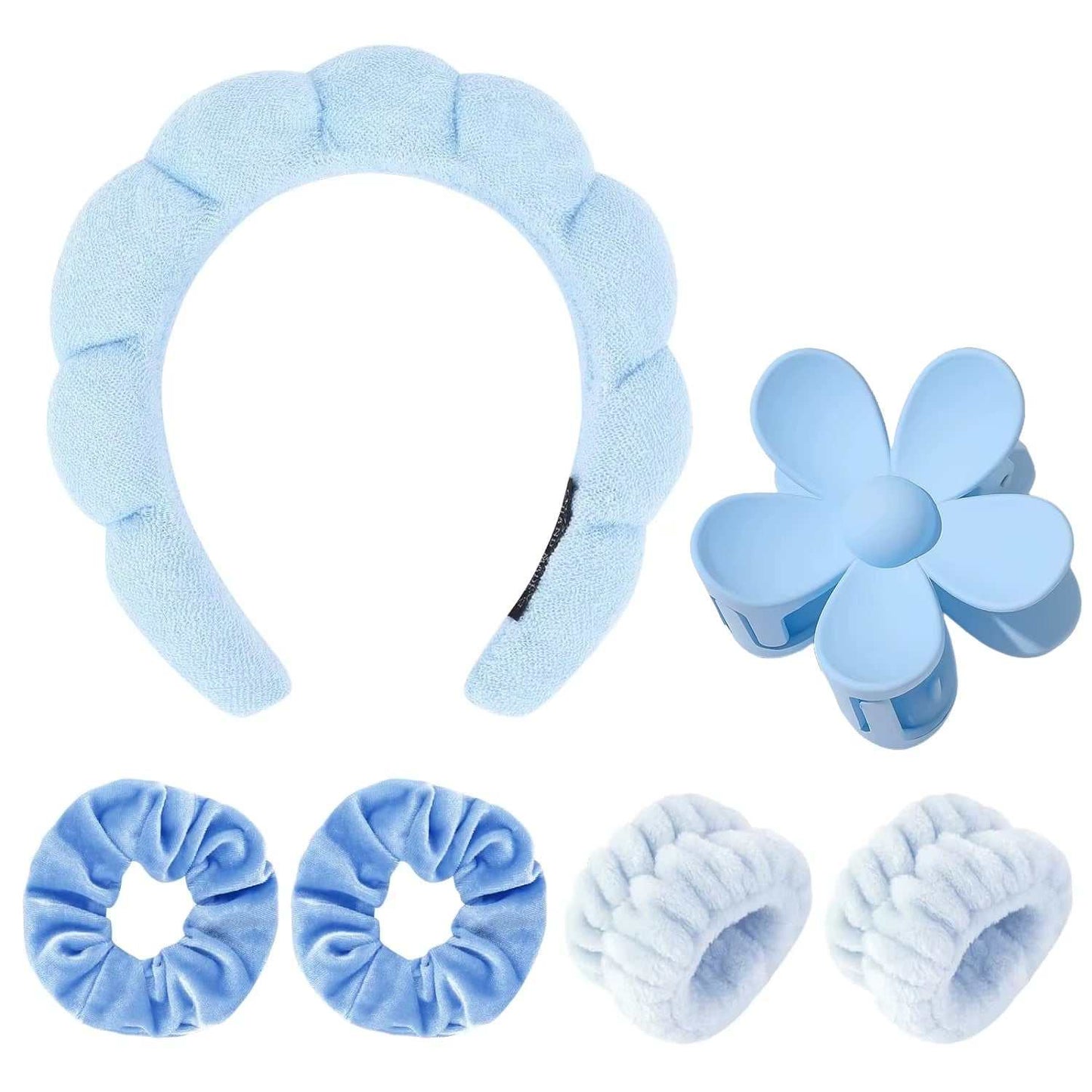 Spa headband and wristband set in blue with hair clips, designed for skincare and beauty routines.