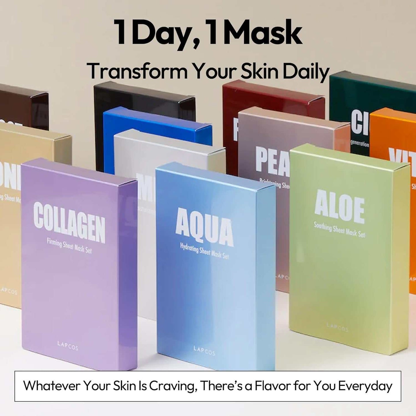 Variety of colorful sheet mask packs including Aloe and Collagen options for daily skincare transformation.