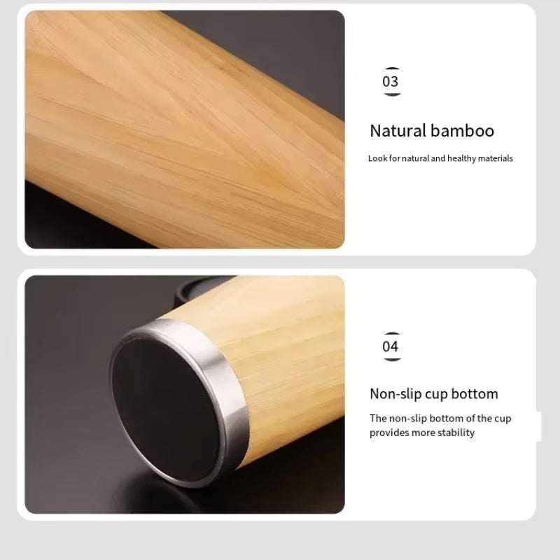 Eco-friendly travel cup with bamboo exterior and non-slip bottom.