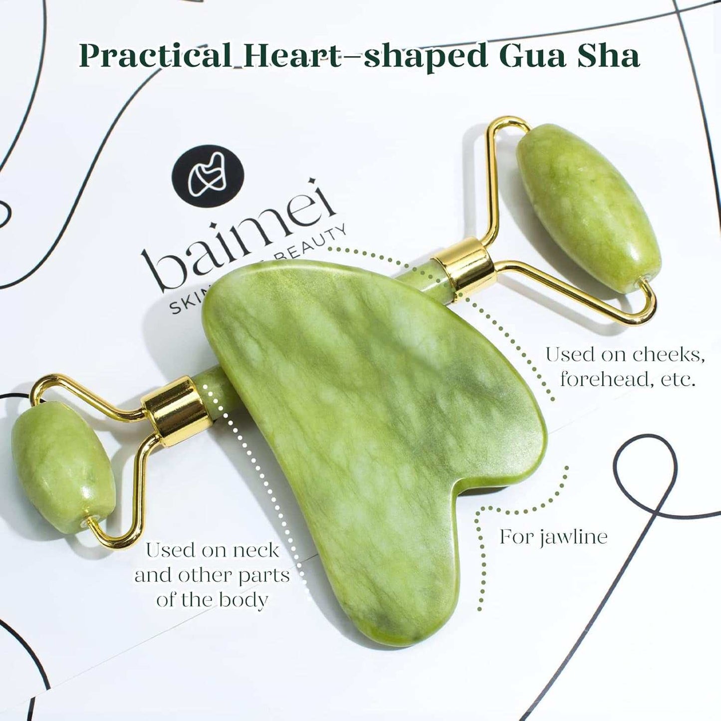 Green jade facial massage Gua Sha tool and roller set for reducing puffiness and redness, enhancing relaxation and skincare.