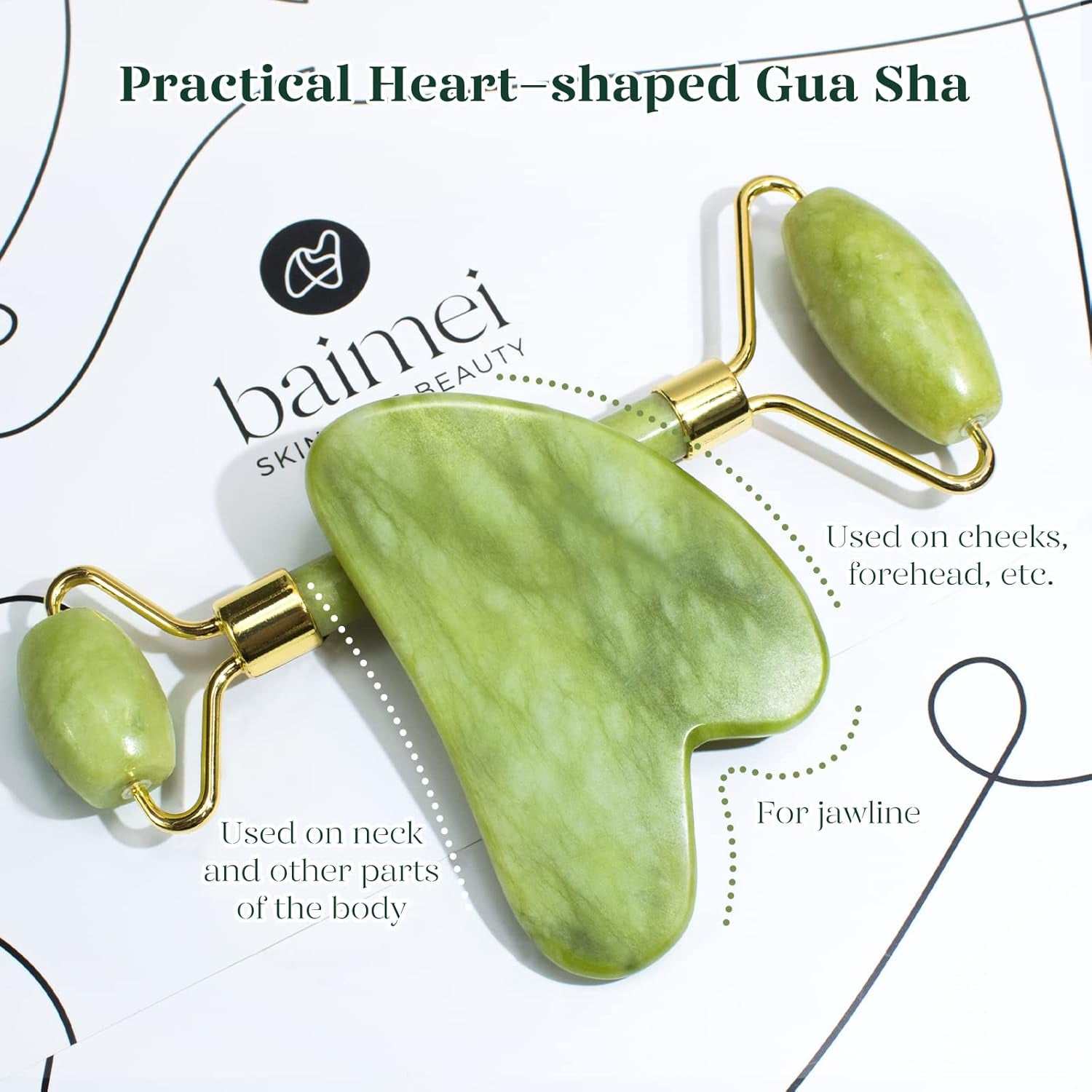 Green jade facial massage Gua Sha tool and roller set for reducing puffiness and redness, enhancing relaxation and skincare.