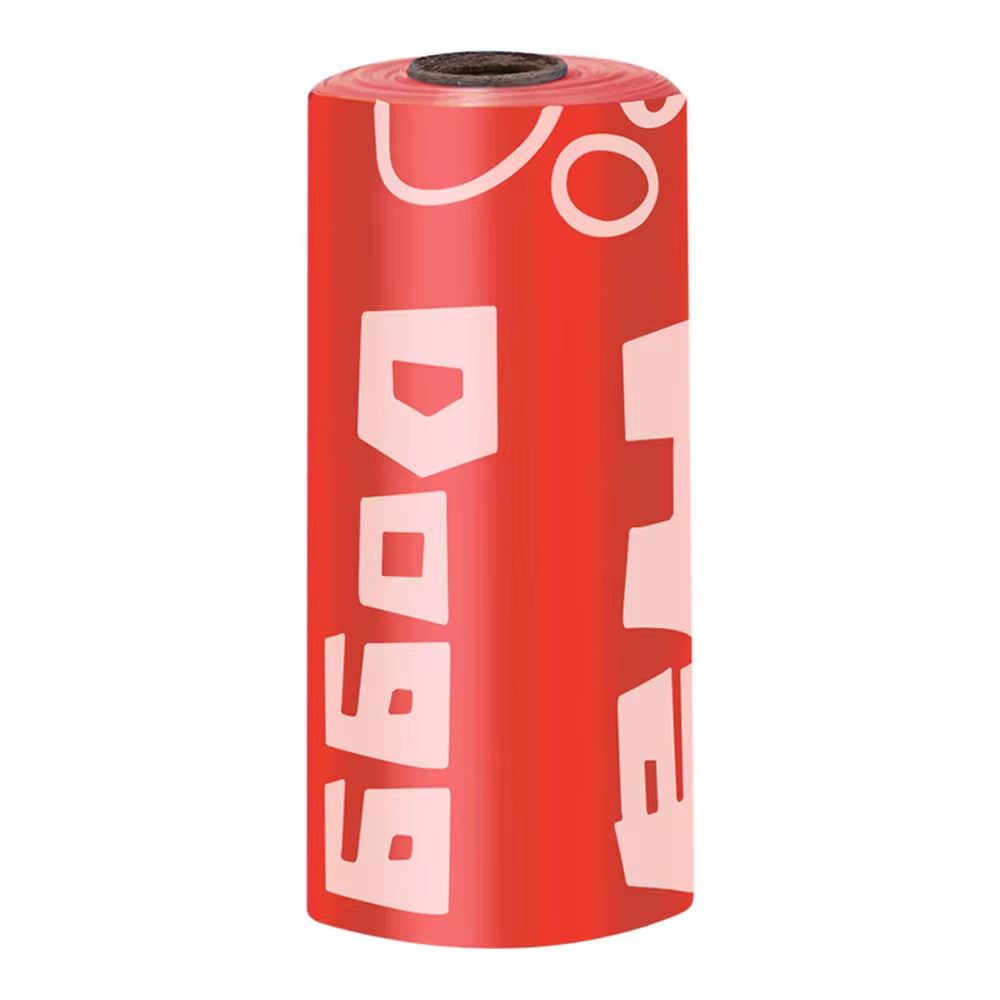 Roll of red degradable dog poop bags compatible with portable LED light dispenser for outdoor pet walks