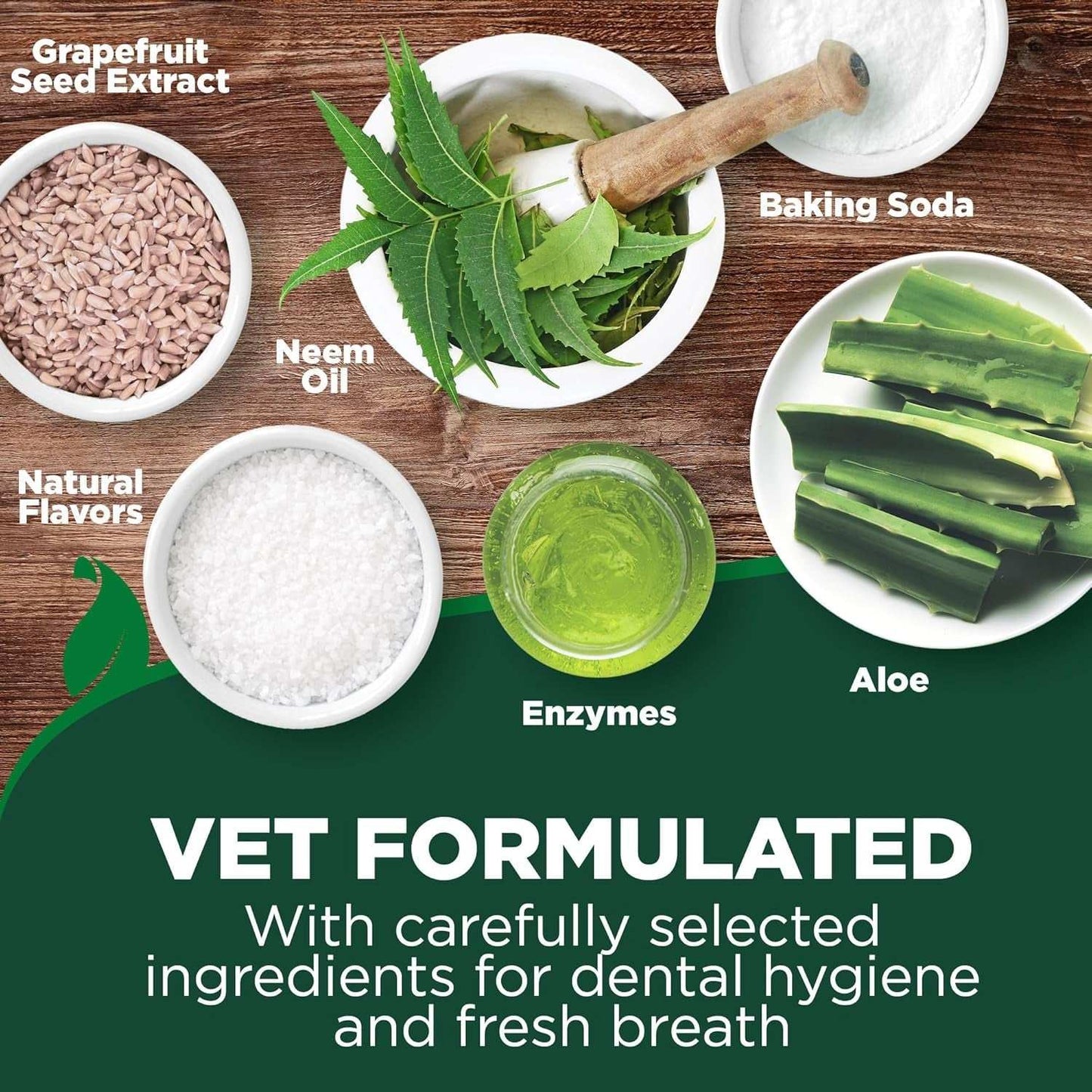 Pet toothpaste and toothbrushes with natural ingredients like neem oil, grapefruit seed extract, baking soda, aloe, enzymes, and natural flavors for dental hygiene and fresh breath.