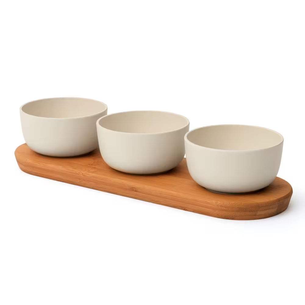 Bamboo bowl set with beige finish on a matching wooden serving tray.
