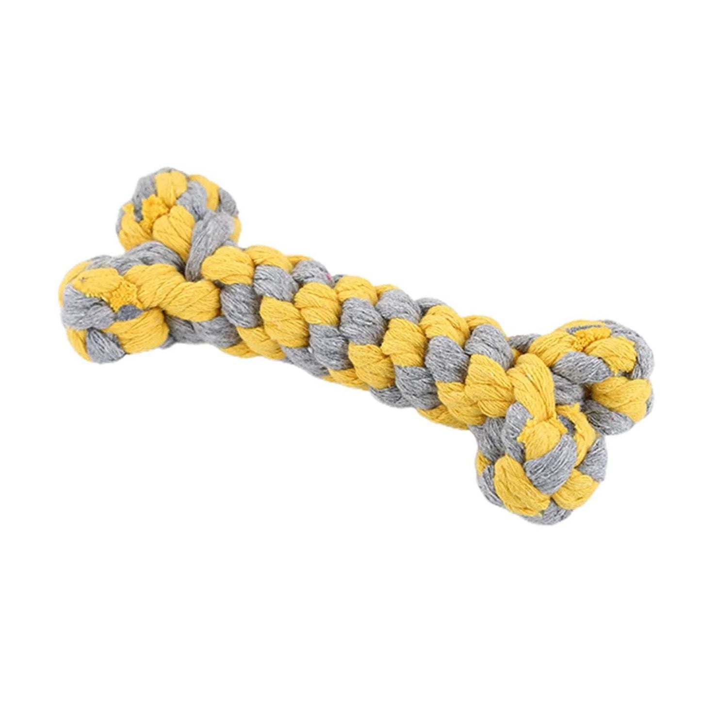 Durable dog rope chewing toy in a yellow and gray tightly woven design, ideal for strong chewers and promoting dental health.
