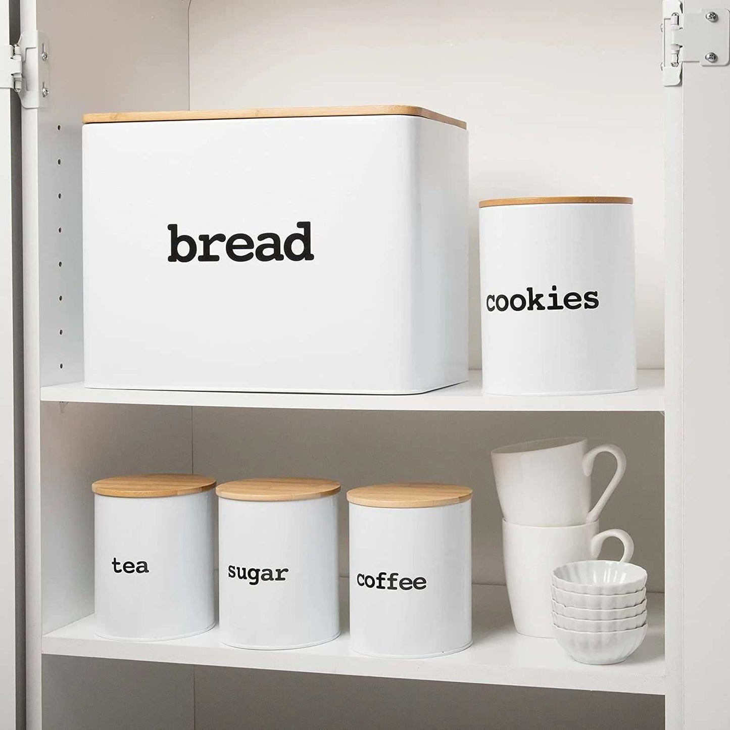 White bamboo bread box storage set with matching containers for cookies, tea, sugar, and coffee with natural bamboo lids.