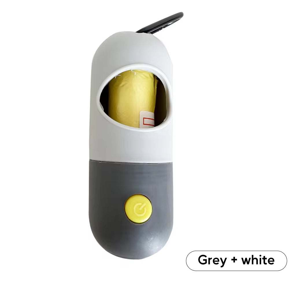 Portable grey and white dog poop bag dispenser with built-in LED light for nighttime walks