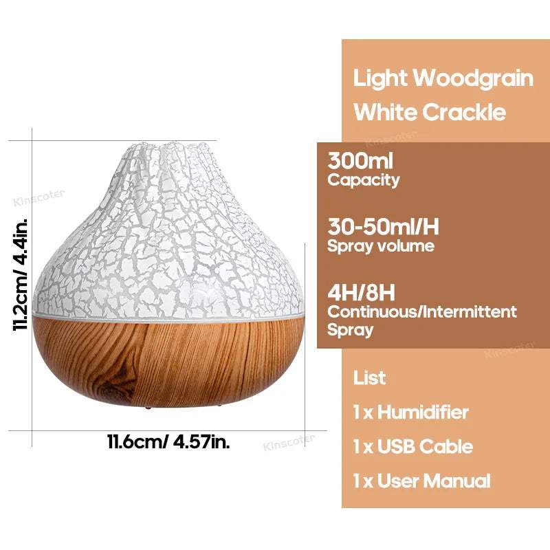 Compact desktop electric USB air humidifier with 300ml capacity, light woodgrain and white crackle design, 7-color night light, and whisper-quiet operation.