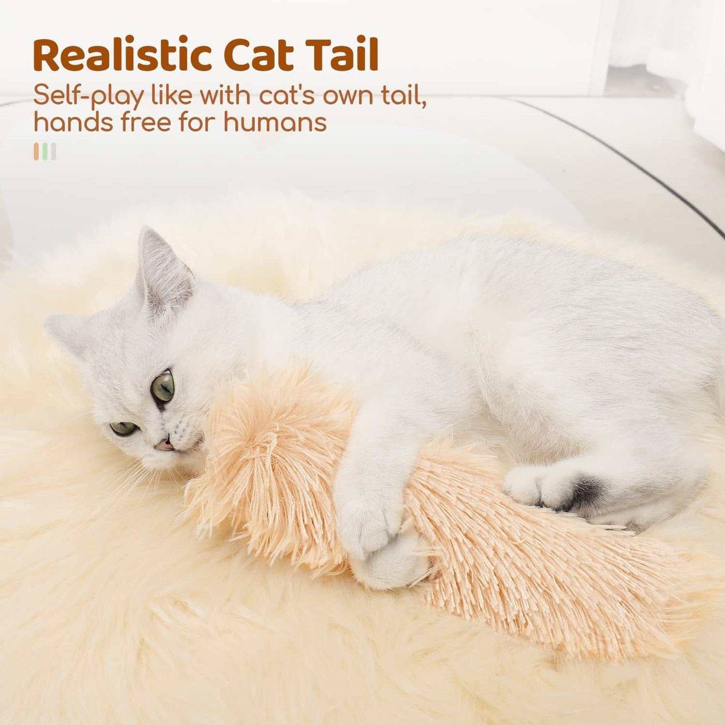 White cat playing with a realistic cat tail catnip toy on a soft beige surface