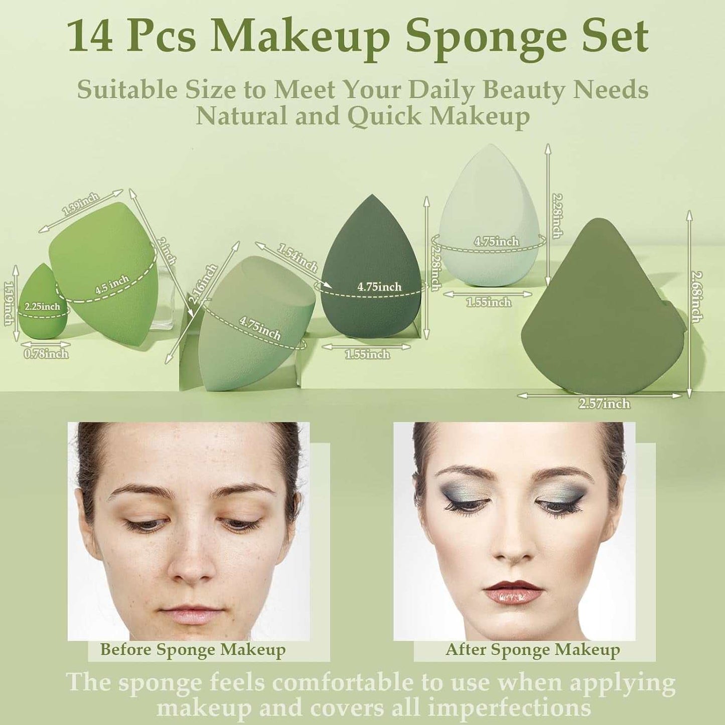 14-piece makeup sponge set with various shapes and sizes for flawless foundation, concealer, and powder application, suitable for daily use and all skin types.