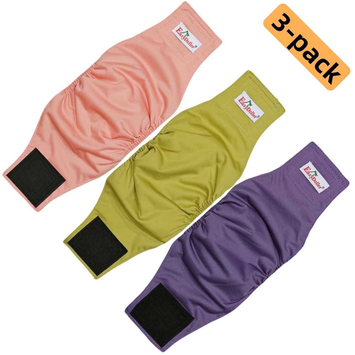 Three-pack of reusable Dog Care Diaper in pink, green, and purple, featuring adjustable Velcro closures and soft, breathable fabric for pet hygiene and comfort.