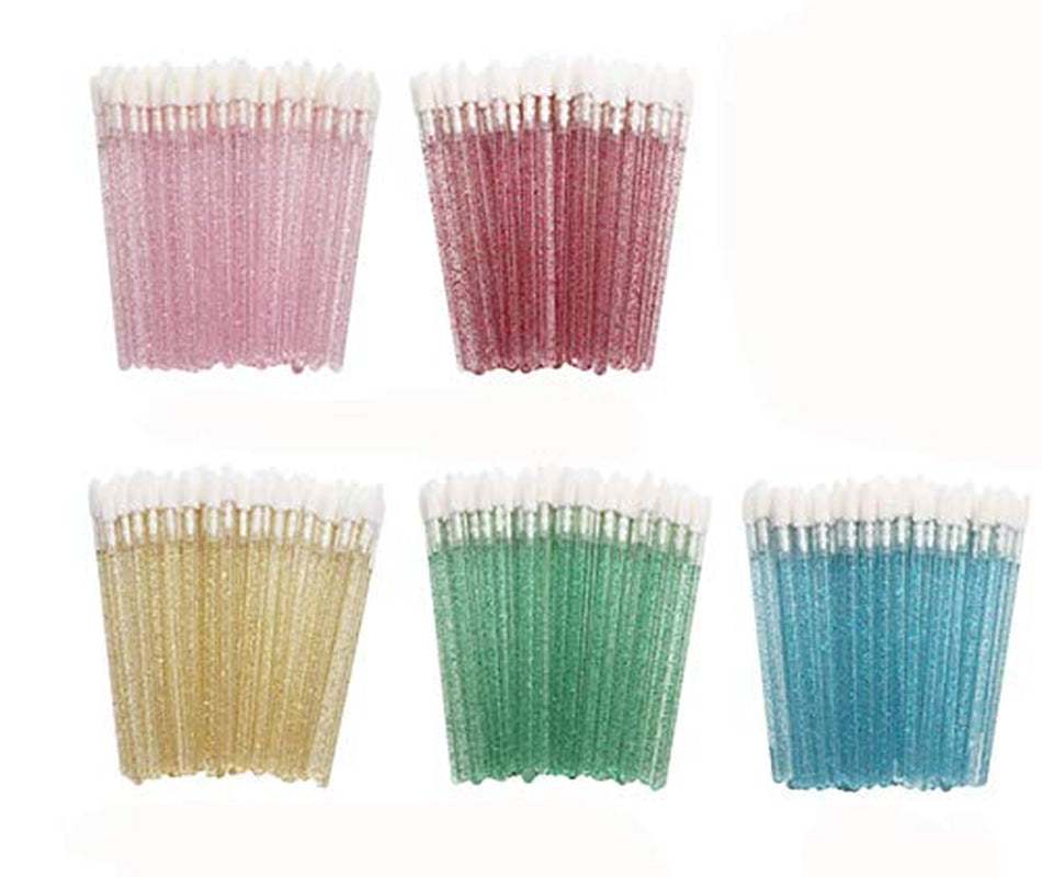 Disposable crystal lip brush set with fine tips and colorful rod handles for precise lip application.