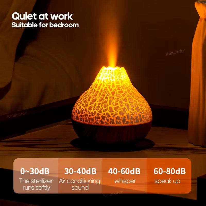 Desktop electric USB air humidifier with 7-color night light, whisper-quiet operation, and compact volcano-inspired design for home or office use.