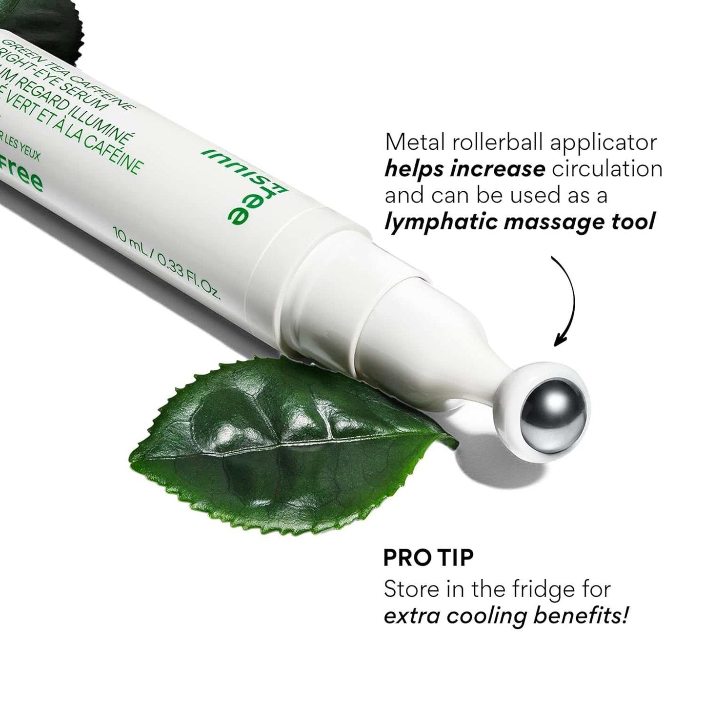 Cooling Eye Roll with metal rollerball applicator for hydrating, brightening, and soothing tired under-eyes using green tea, caffeine, and niacinamide.