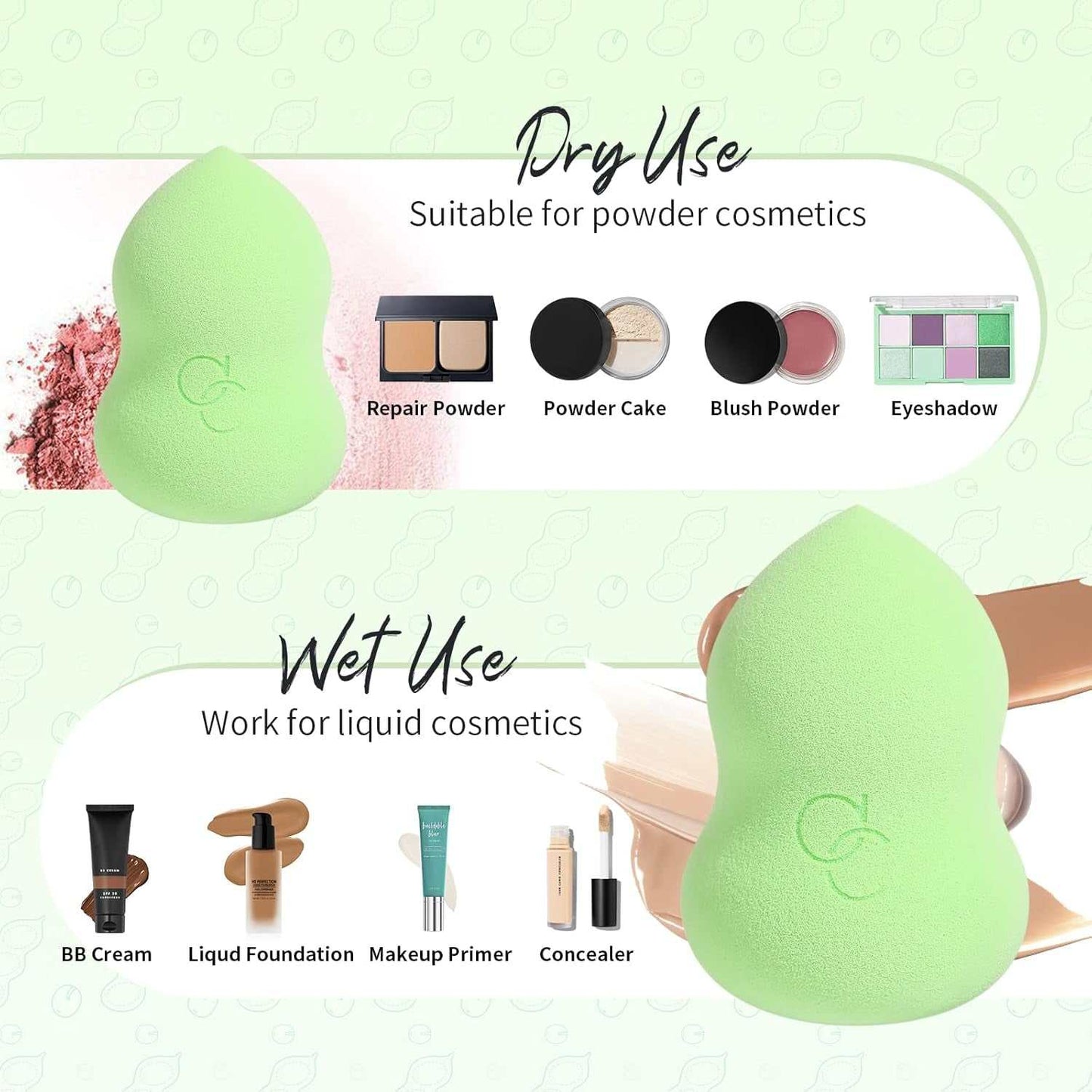 Neon green makeup brush and sponge set for vibrant looks; includes premium synthetic bristles and pea pod sponges for flawless, hygienic application.