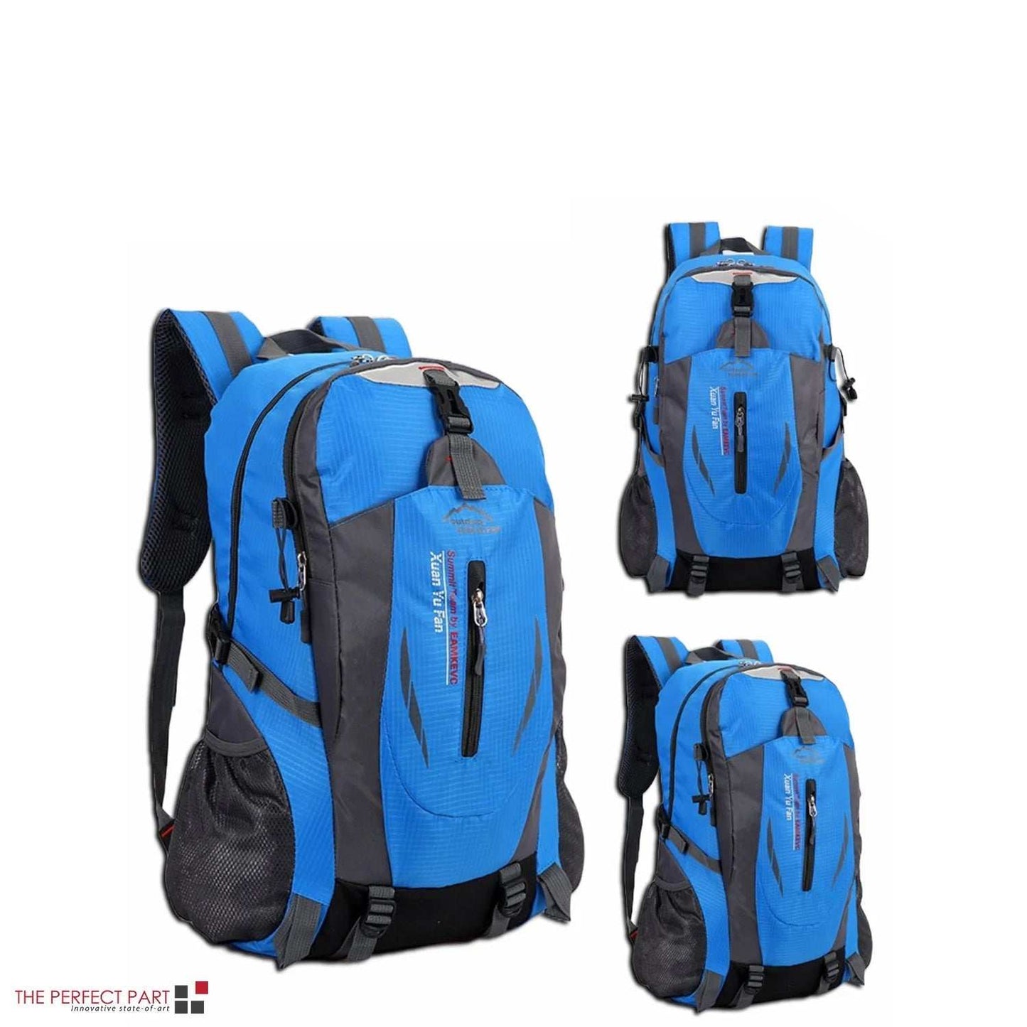 Blue durable 40L rucksack laptop travel backpack with multiple compartments, padded straps, and water-resistant material for hiking, camping, school, and commuting.