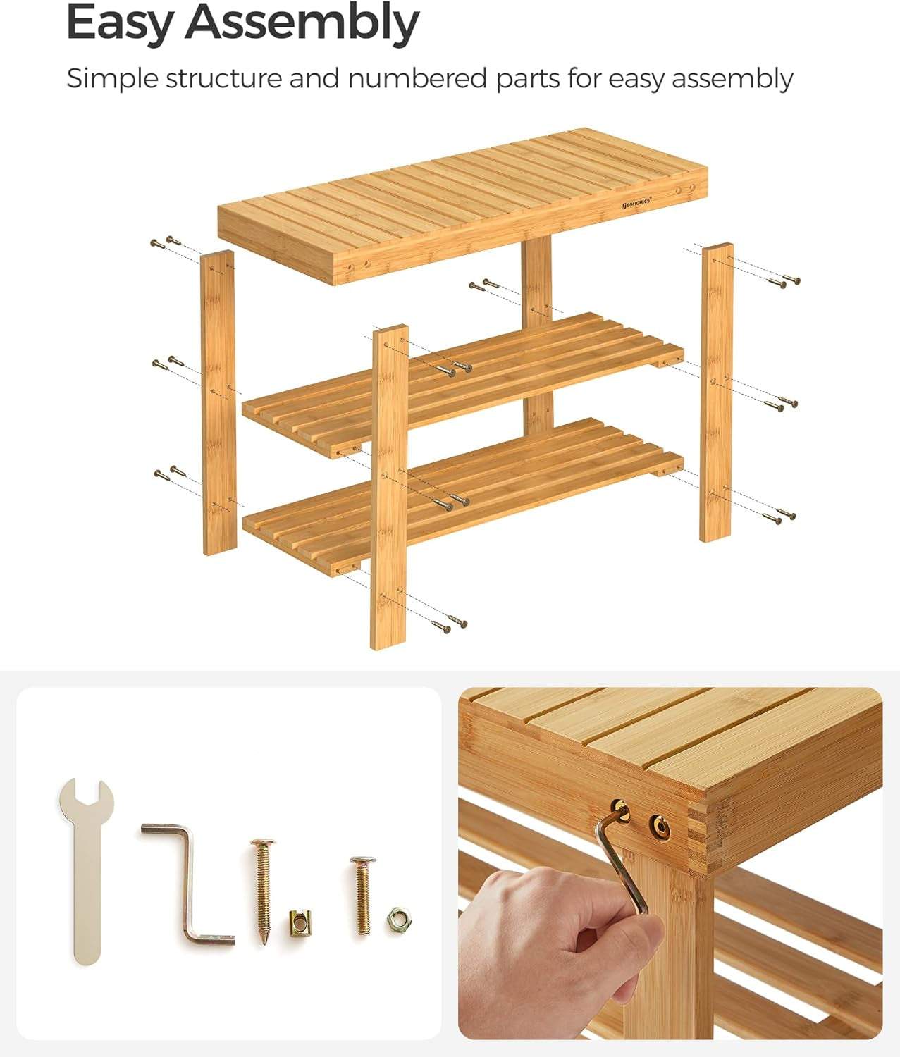 Bamboo shoe bench with assembly tools and instructions.