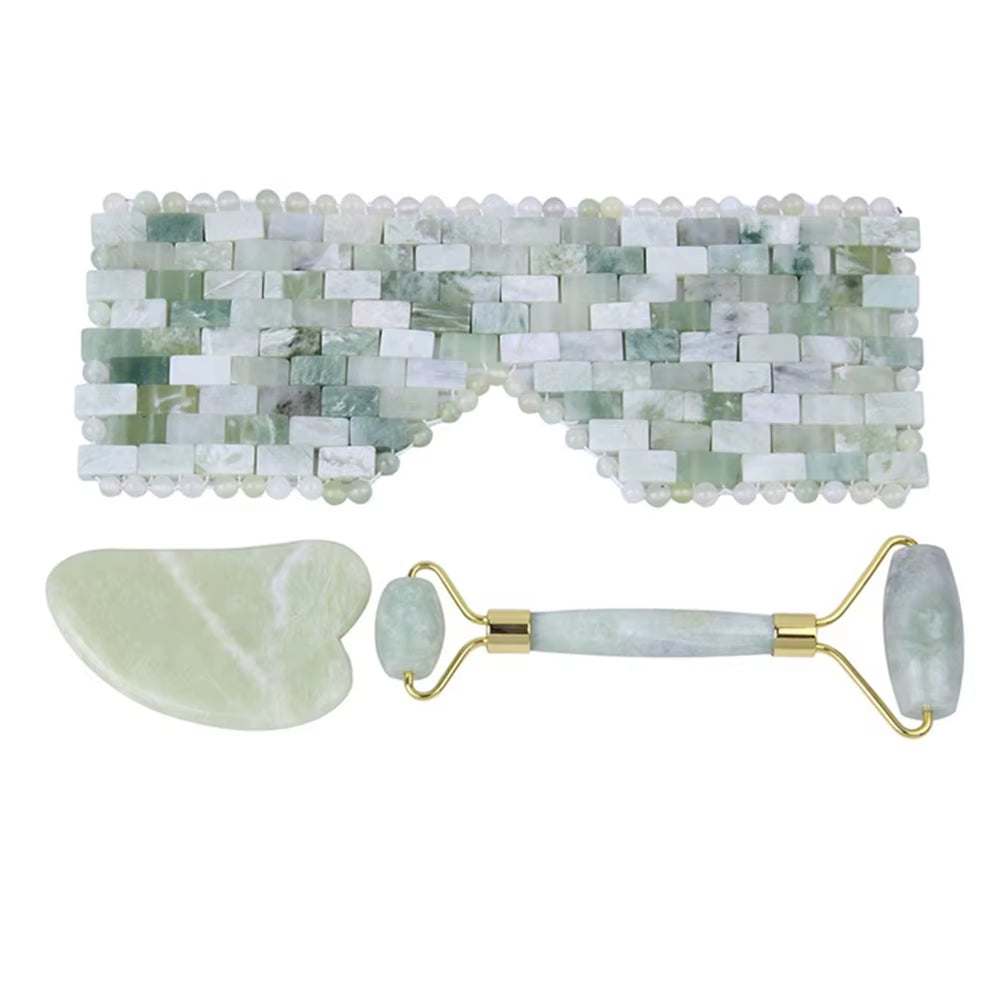 Natural jade face massage set with jade roller, gua sha scraper, and cooling eye mask.
