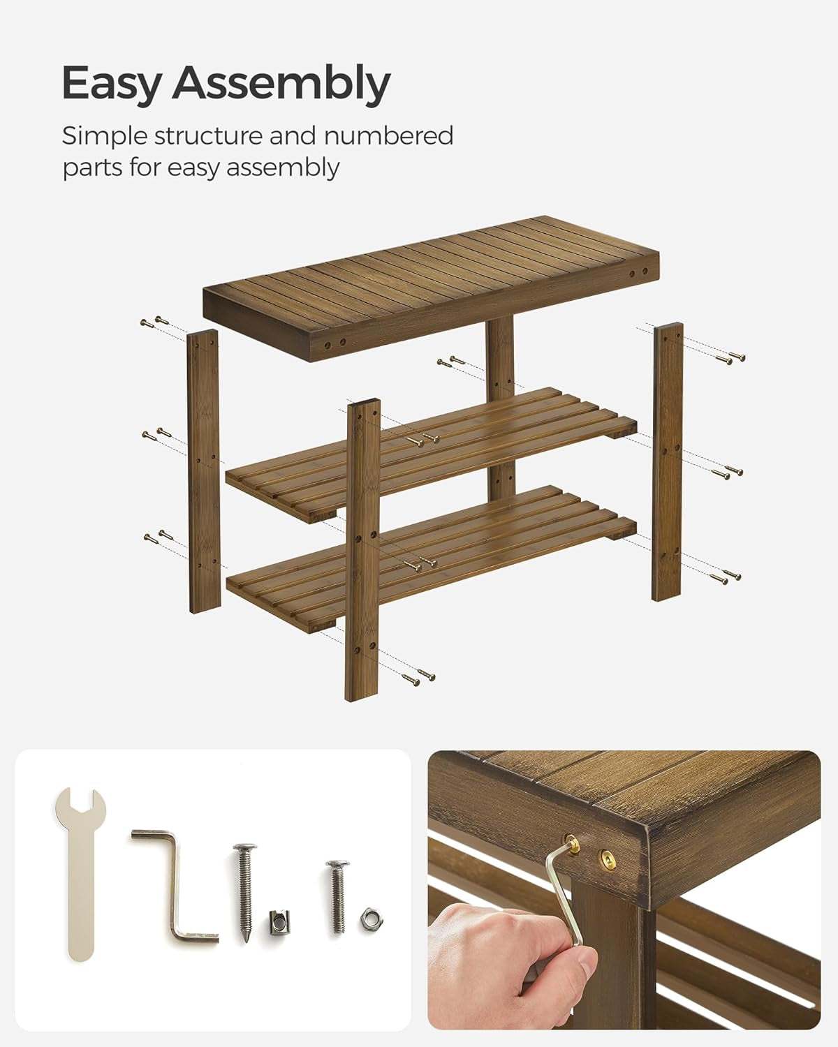 Easy assembly of stylish three-tier bamboo shoe rack bench with tools included for simple setup.