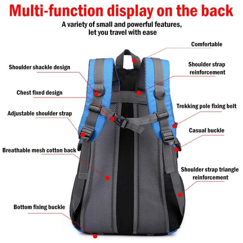 Multi-functional rucksack with adjustable straps, breathable back, and various buckles for travel and outdoor use.