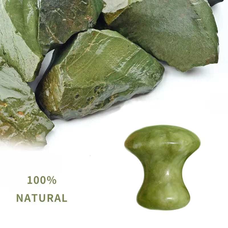 Natural green quartz mushroom-shaped Green Massager roller for facial relaxation and skin care.