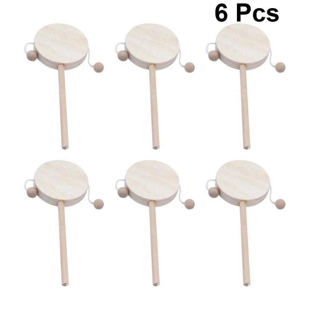 DIY rattle-drum set with six unfinished wooden pieces for crafting and music play.