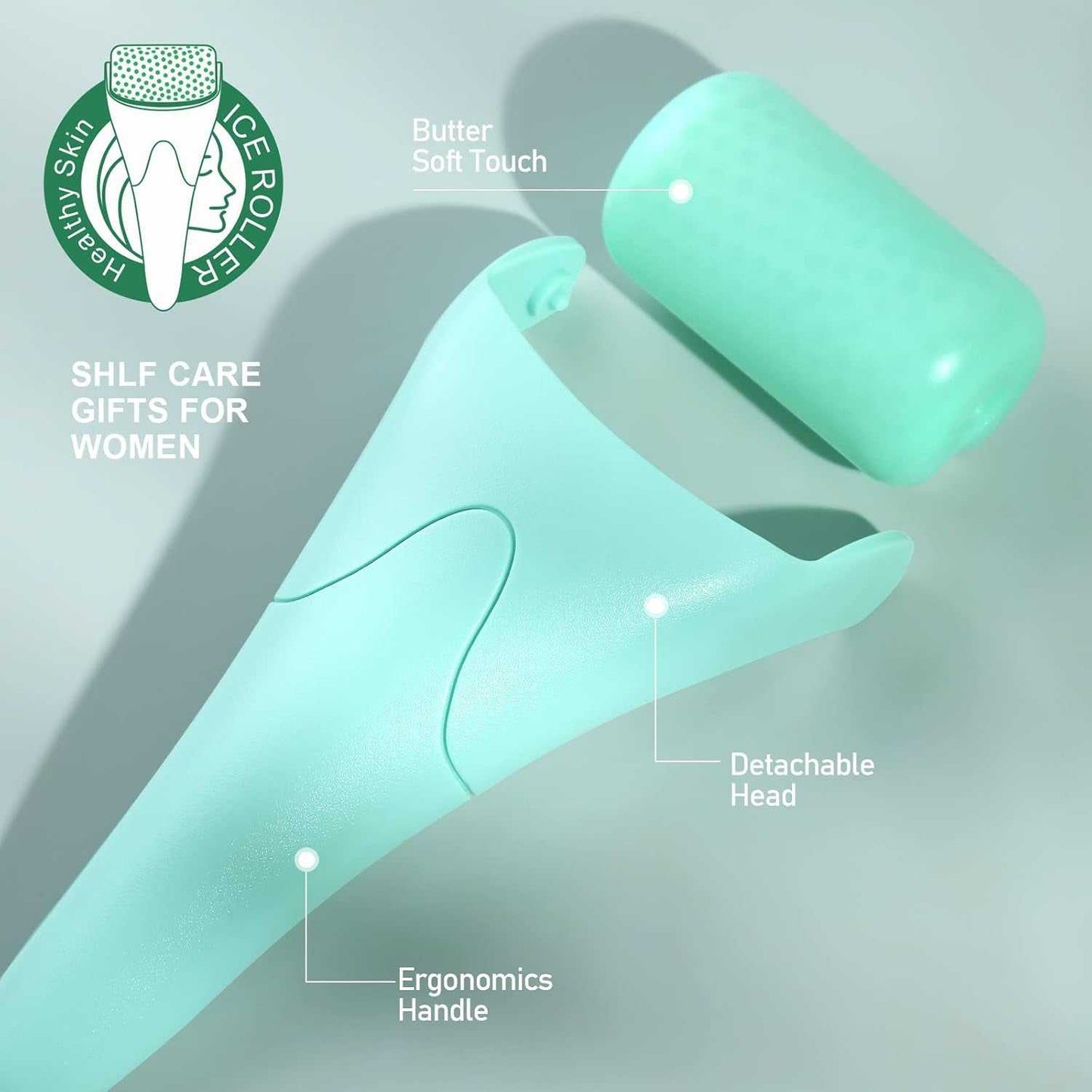 Mint green cooling face and eye ice roller with ergonomic handle and detachable head for soothing puffiness and dark circles.