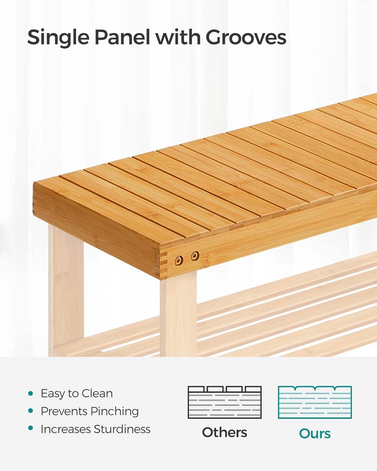 2-Tier Bamboo Shoe Bench with single panel grooves, offers easy cleaning, prevents pinching, enhances sturdiness.