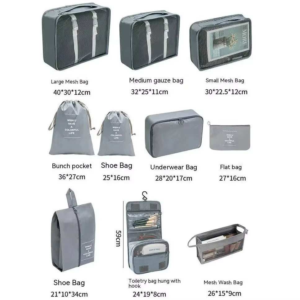 Travel organizer storage bag set with various sizes, ideal for packing clothes, shoes, and accessories.