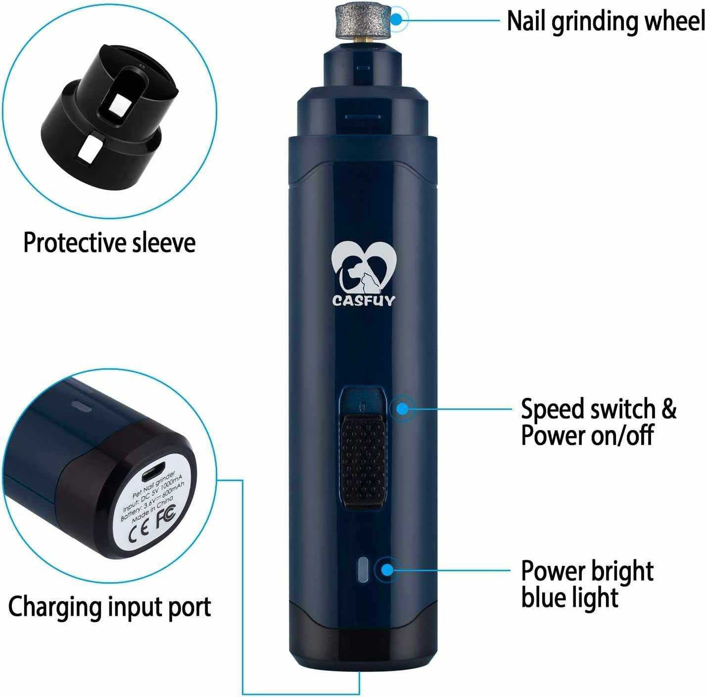 Dog Professional Nail Grinder with two-speed settings, rechargeable battery, ergonomic design, protective sleeve, and low noise for painless pet nail grooming.
