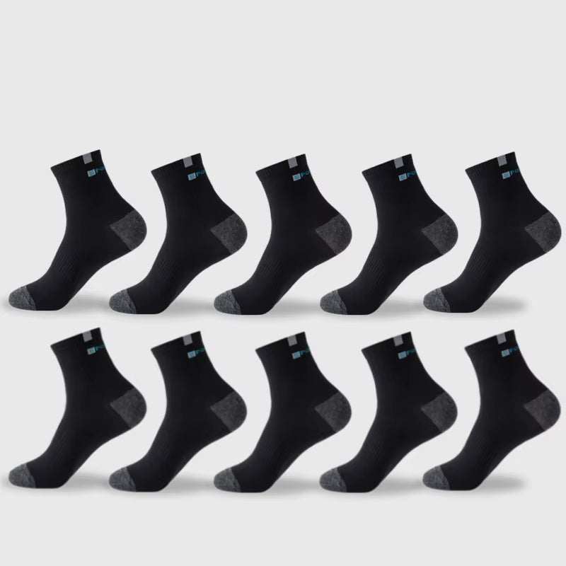Men breathable cotton sport socks in black with cushioned sole and letter patterns, ideal for sports and everyday wear.