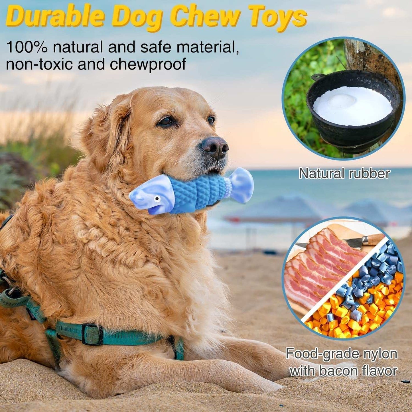 Golden retriever holding a durable blue fish-shaped squeaky chew toy made from natural rubber and food-grade nylon with bacon flavor for aggressive chewers
