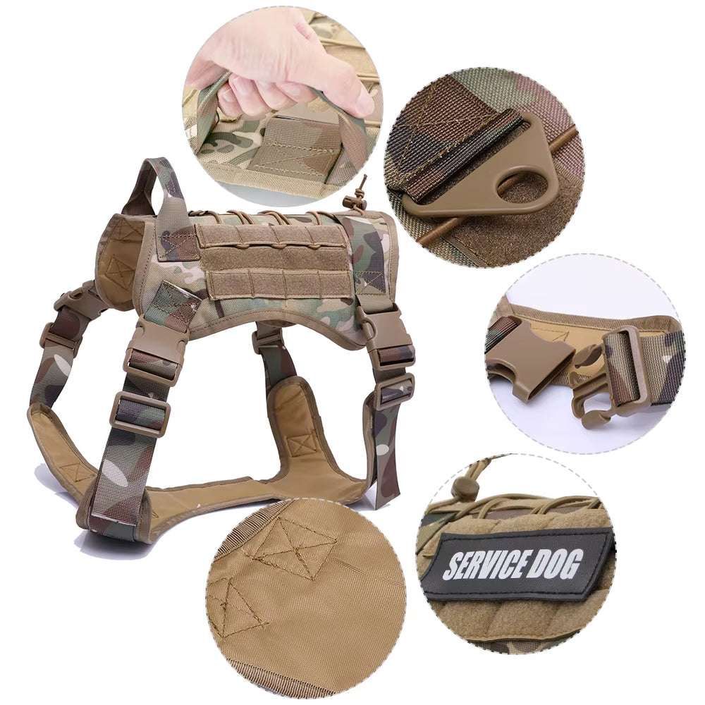 Tactical dog harness with MOLLE webbing, adjustable straps, quick-release buckles, reflective strips, and padded mesh lining for medium to large active dogs.