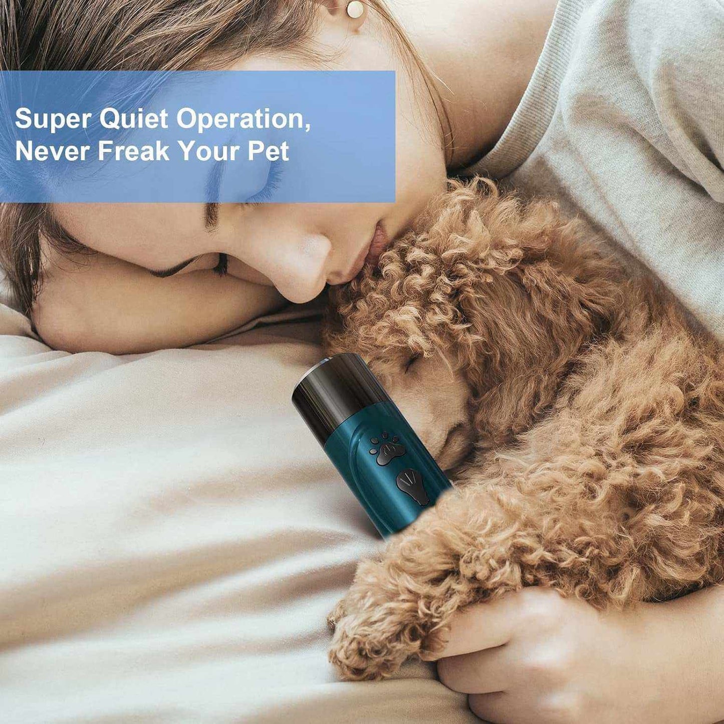 Woman cuddling a small dog with Dog Rechargeable Nail Grinder Kit highlighting super quiet operation for pet comfort