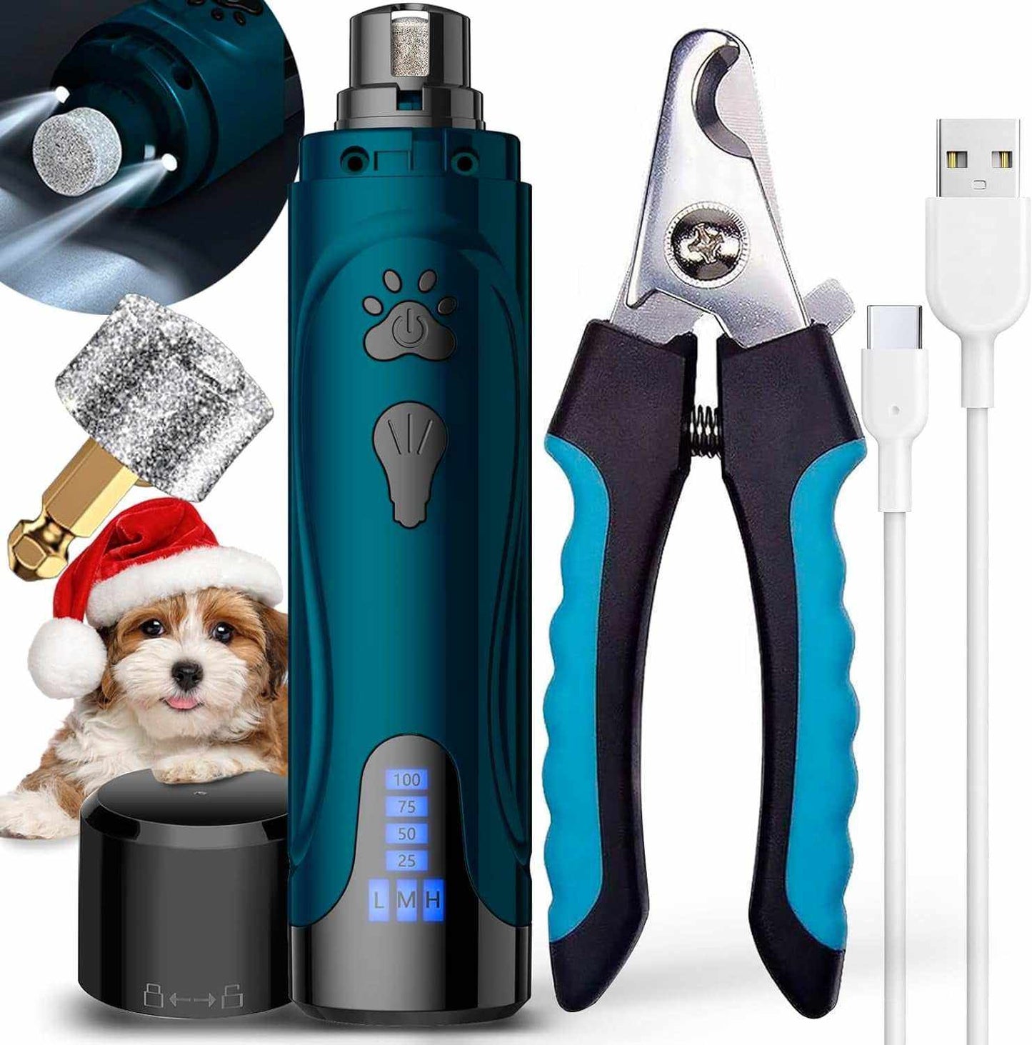 Dog Rechargeable Nail Grinder Kit with three speeds, two grinding wheels, quiet operation, ergonomic design, nail clippers, and USB charging cable for pet grooming.