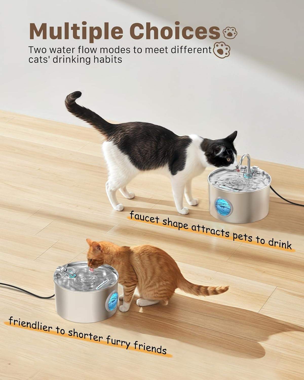 Pet stainless steel water fountain with multiple water flow modes for cats, featuring a faucet shape and compact design for healthy hydration.