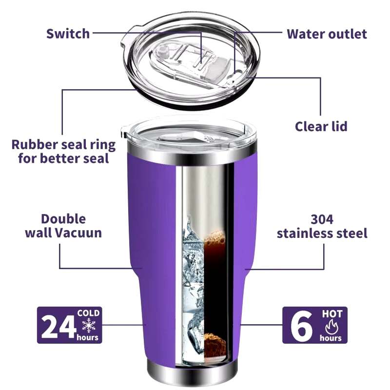 Stainless steel travel tumbler with double-wall vacuum insulation and clear lid, designed for hot and cold beverages.